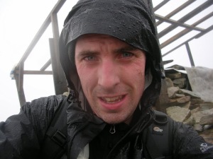 Sheltering at structure close to summit, October 2008.