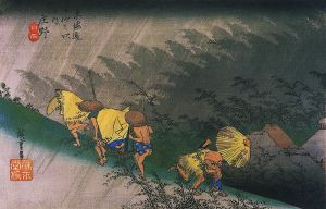'Travellers surprised by sudden rain'. Utagawa Hiroshige